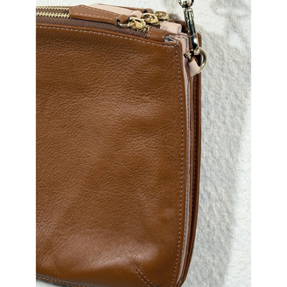Elisabetta Yang Leather Crossbody Bag Brown Italian Double Zip Gold - Picture 8 of 16